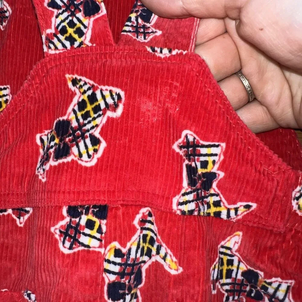 Vintage Happy Kids Red Corduroy Dog Print Overalls Child Size 4T